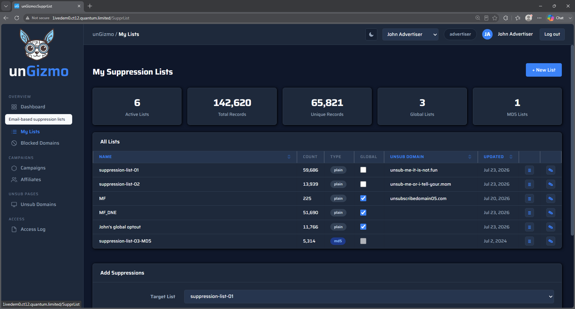 unGizmo suppression list management screen