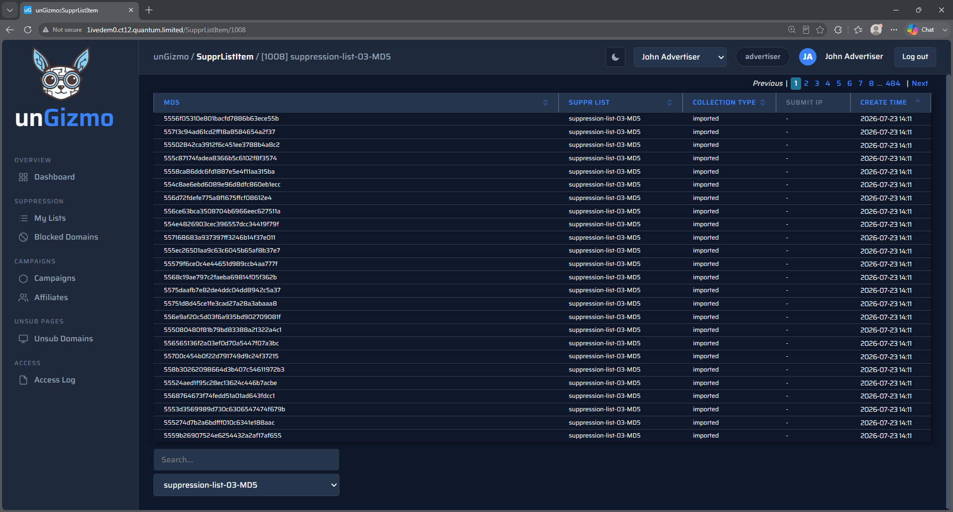 unGizmo MD5 suppression list view